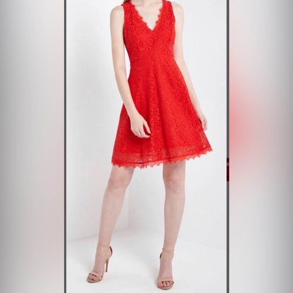 Soprano Red Lace Sleeveless V Neck Dress L